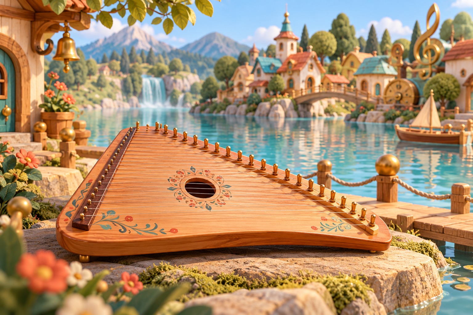 Illustration de Psaltérion pour Melodiwi, direction artistique du village-boîte à musique.