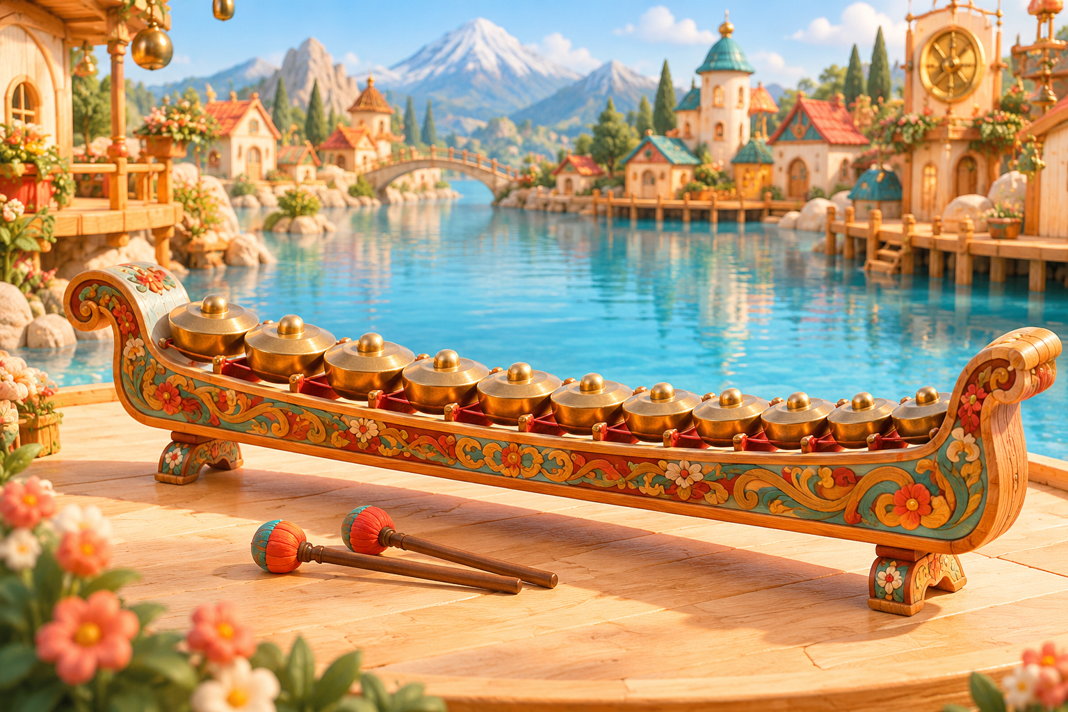 Illustration de Reyong pour Melodiwi, direction artistique du village-boîte à musique.