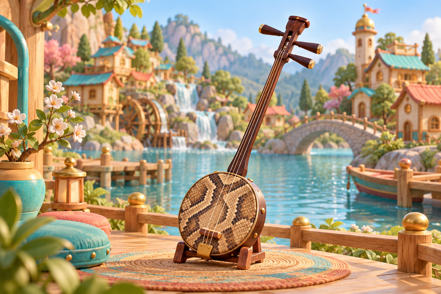 Illustration de Sanxian pour Melodiwi, direction artistique du village-boîte à musique.