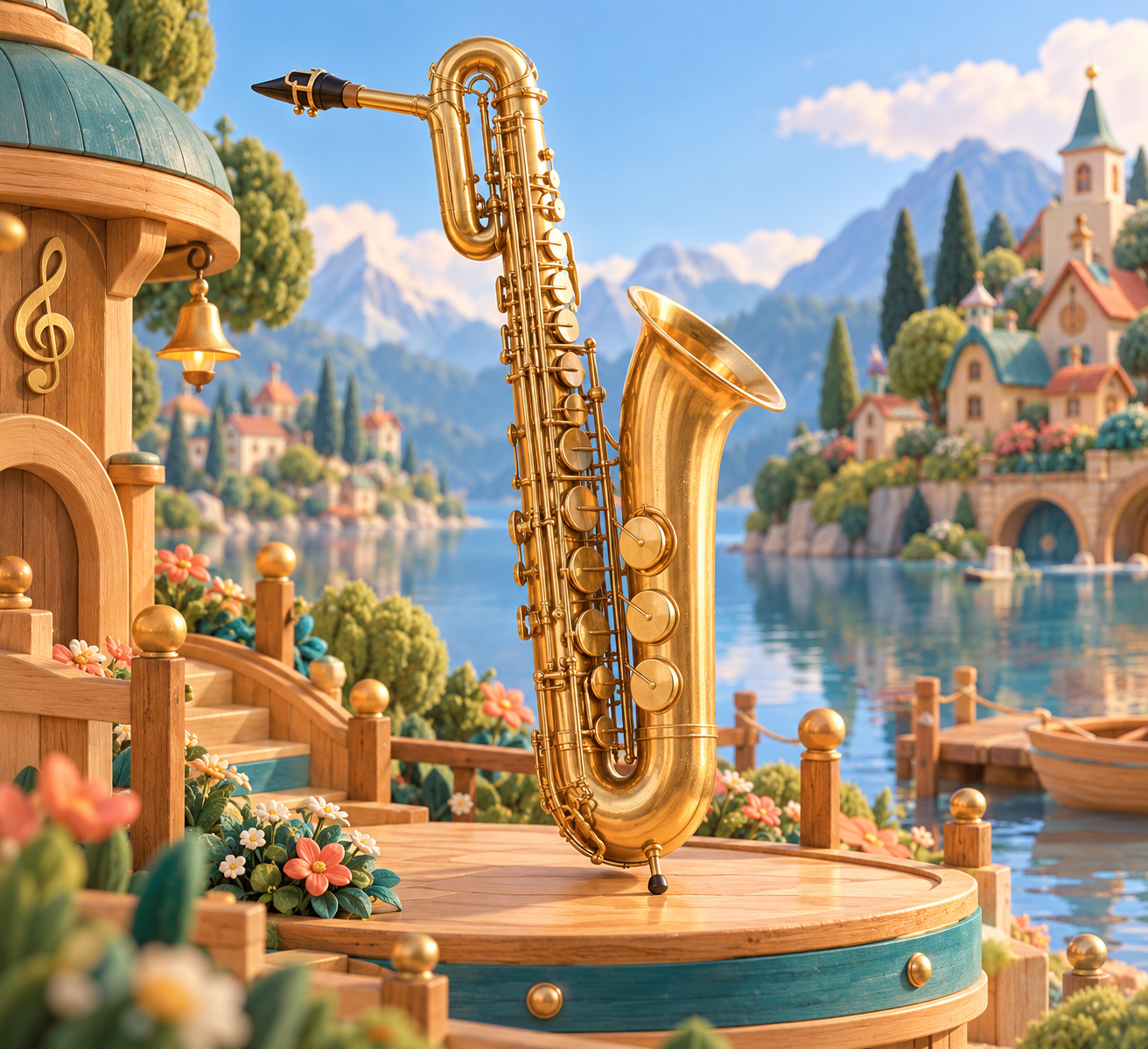 Illustration de Saxophone basse pour Melodiwi, direction artistique du village-boîte à musique.