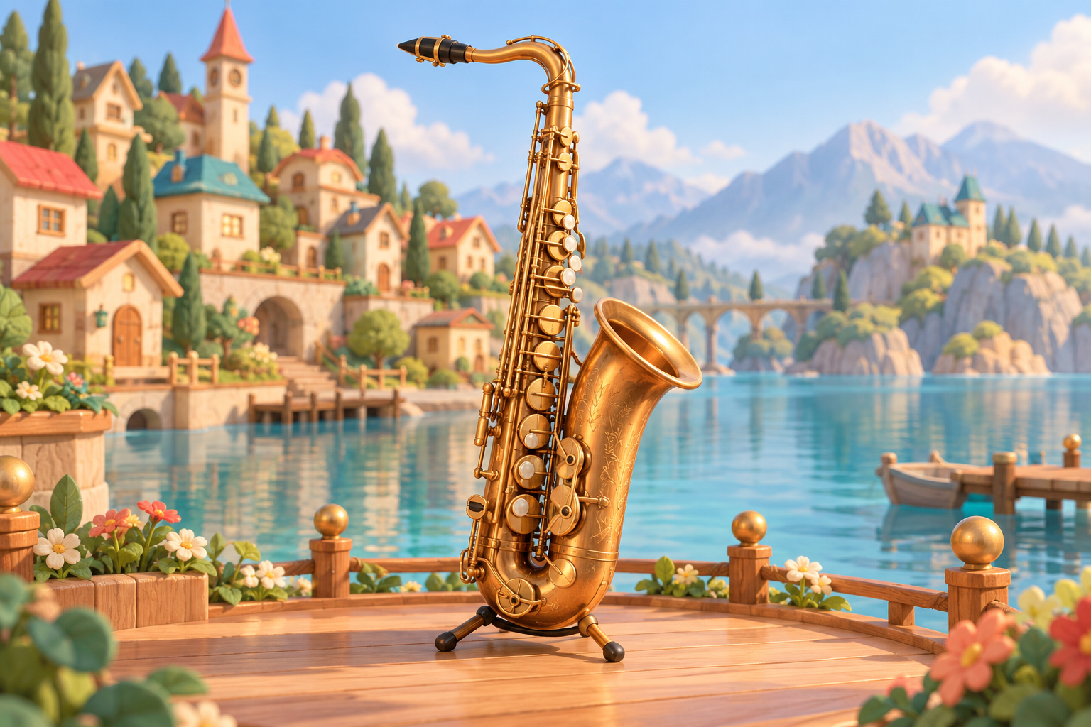 Illustration de Saxophone contrebasse pour Melodiwi, direction artistique du village-boîte à musique.