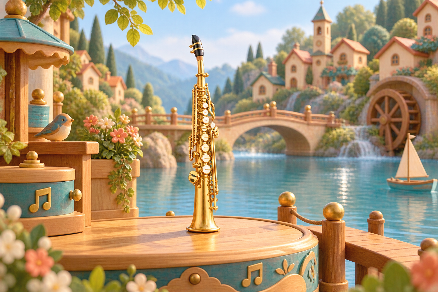 Illustration de Saxophone sopranino pour Melodiwi, direction artistique du village-boîte à musique.