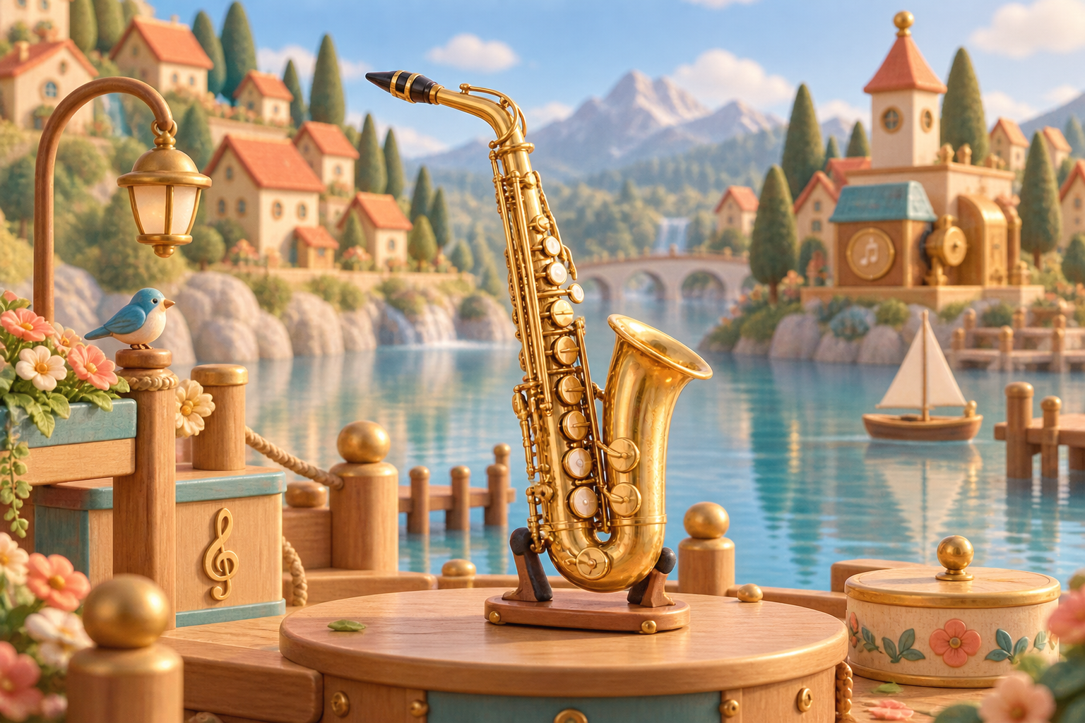 Illustration de Saxophone pour Melodiwi, direction artistique du village-boîte à musique.