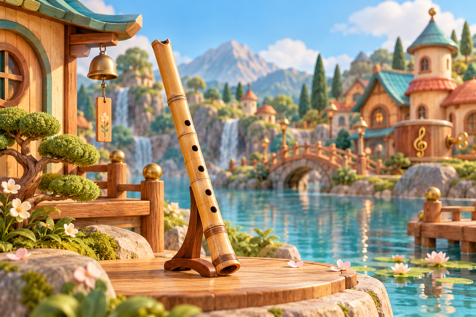 Illustration de Shakuhachi pour Melodiwi, direction artistique du village-boîte à musique.