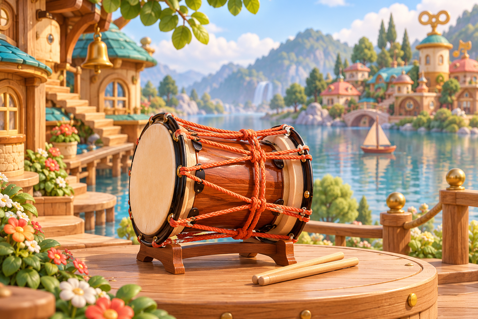 Illustration de Shime-daiko pour Melodiwi, direction artistique du village-boîte à musique.