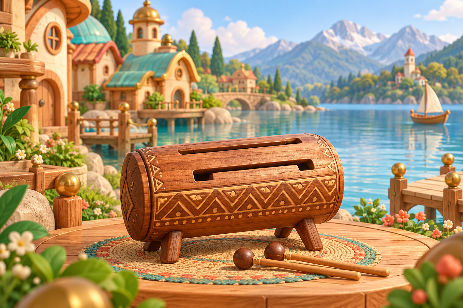 Illustration de Tambour à fente africain pour Melodiwi, direction artistique du village-boîte à musique.