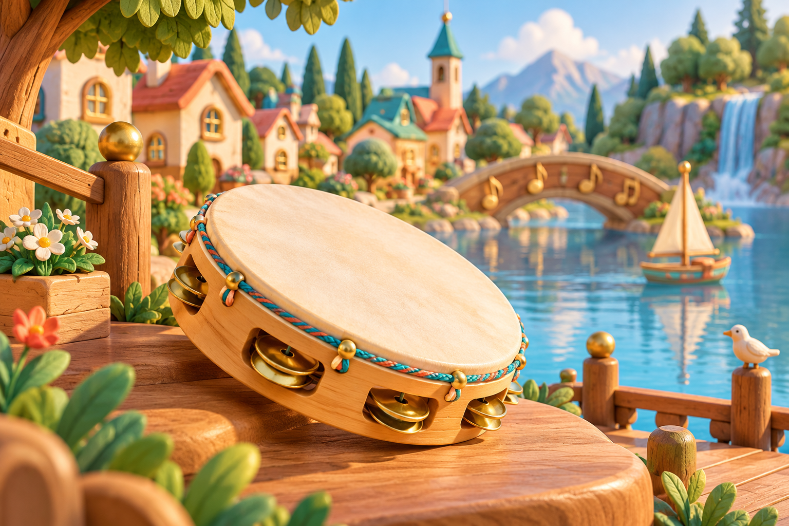 Illustration de Tambourin à cordes pour Melodiwi, direction artistique du village-boîte à musique.