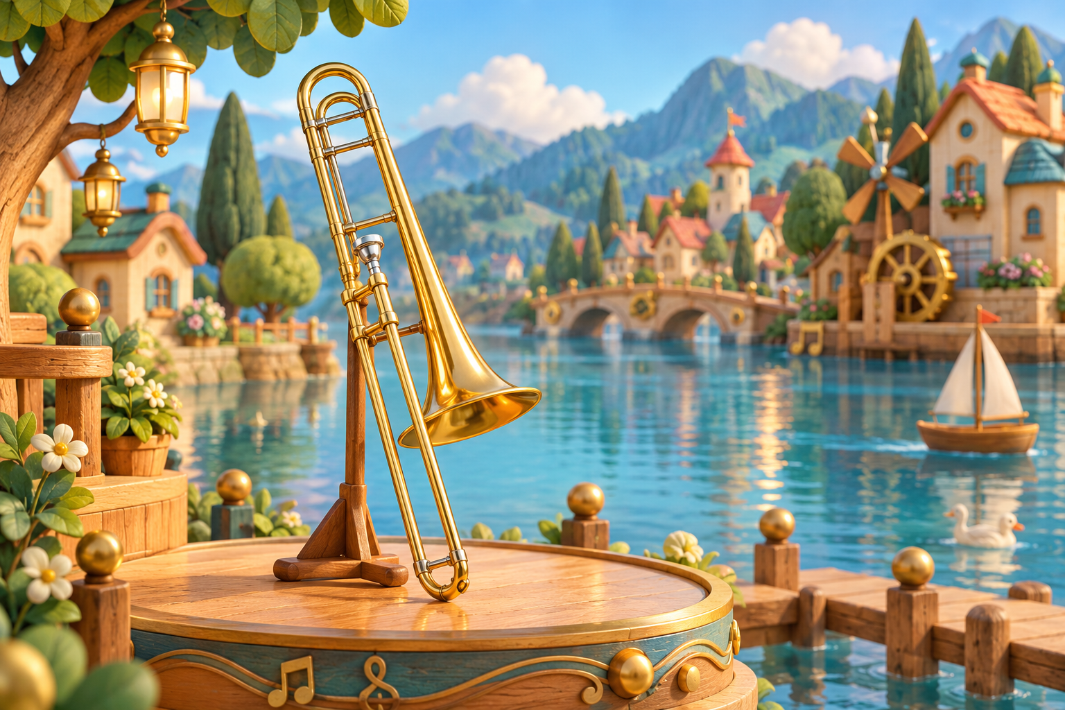 Illustration de Trombone alto pour Melodiwi, direction artistique du village-boîte à musique.