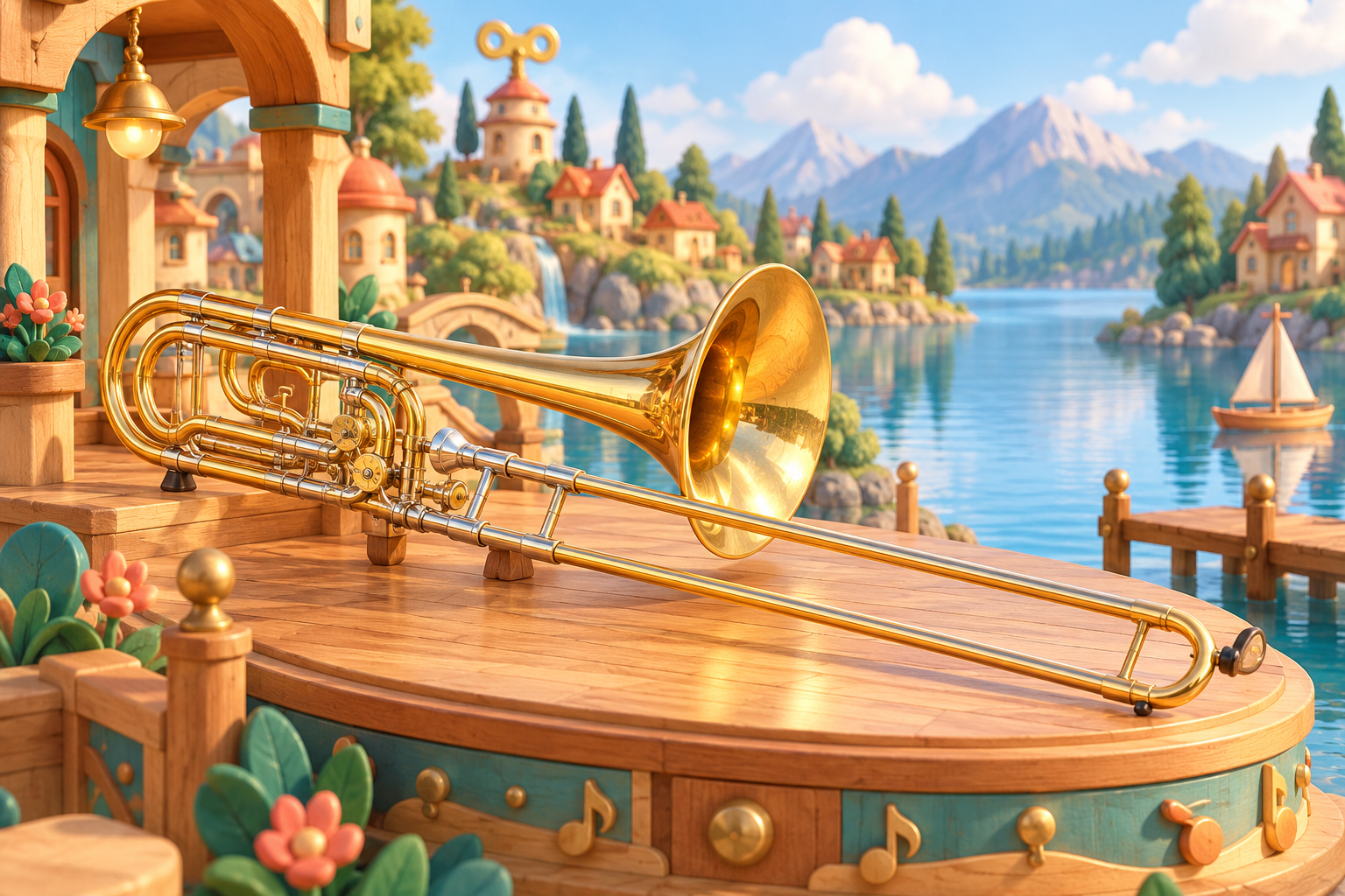 Illustration de Trombone basse pour Melodiwi, direction artistique du village-boîte à musique.