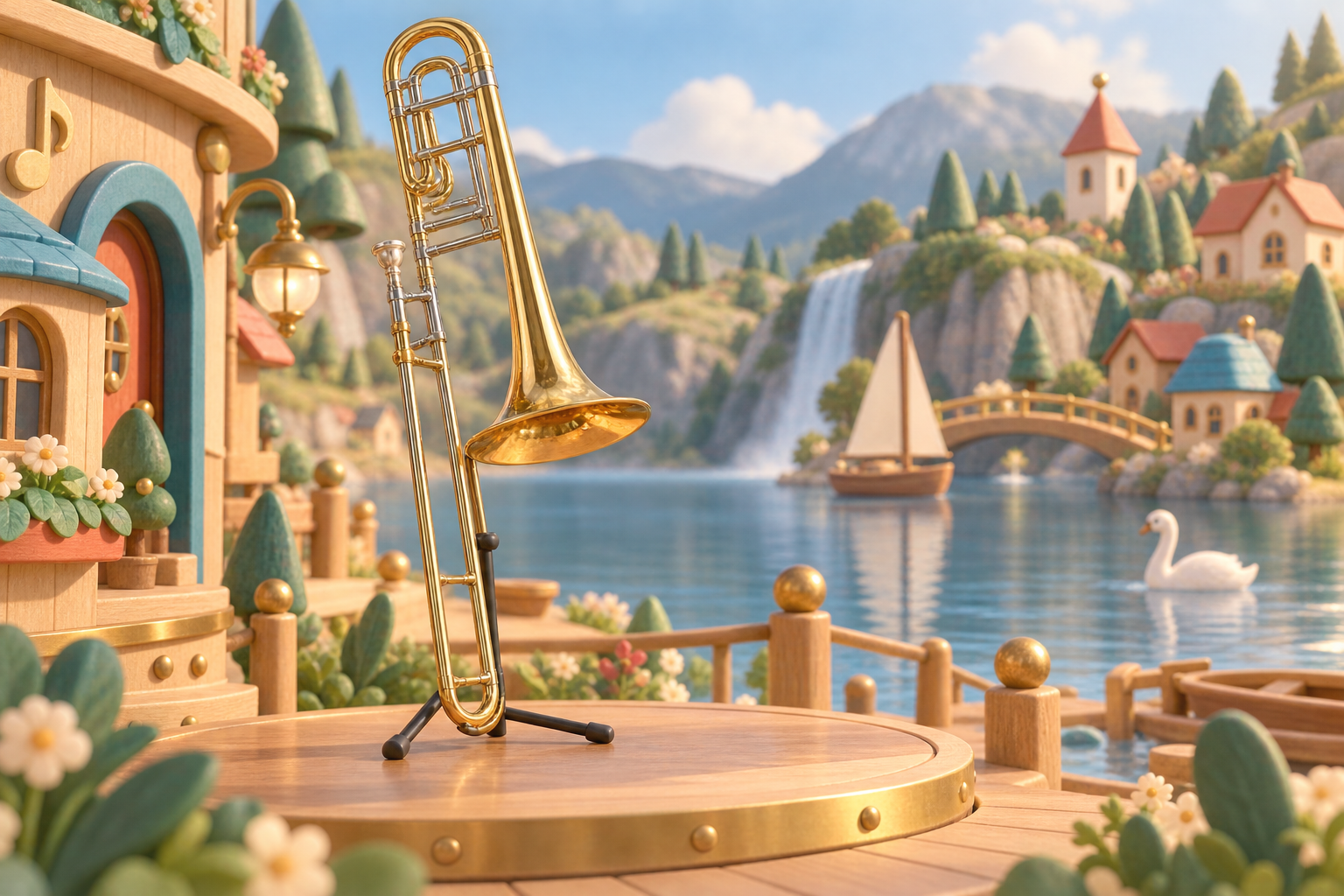 Illustration de Trombone contrebasse pour Melodiwi, direction artistique du village-boîte à musique.