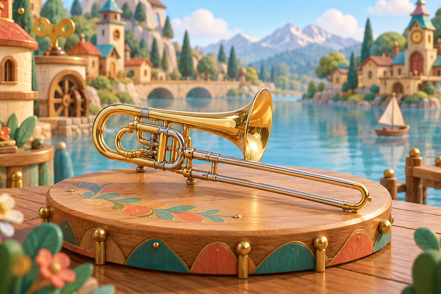 Illustration de Trombone piccolo pour Melodiwi, direction artistique du village-boîte à musique.