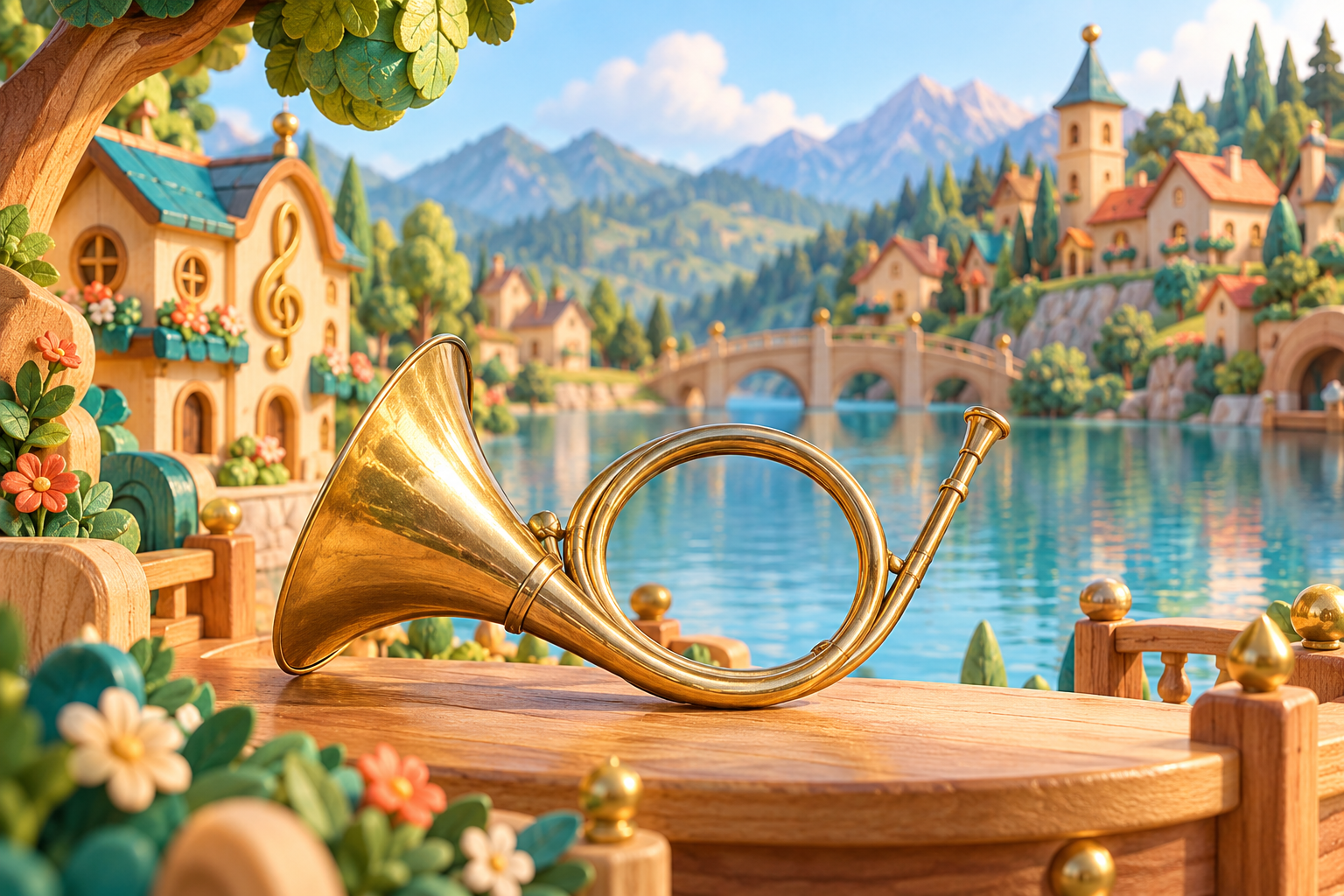 Illustration de Trompe de chasse pour Melodiwi, direction artistique du village-boîte à musique.