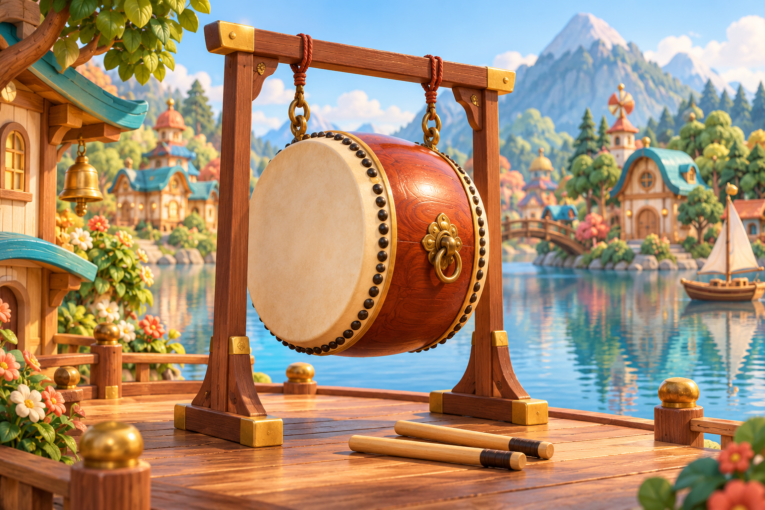 Illustration de Tsuri-daiko pour Melodiwi, direction artistique du village-boîte à musique.