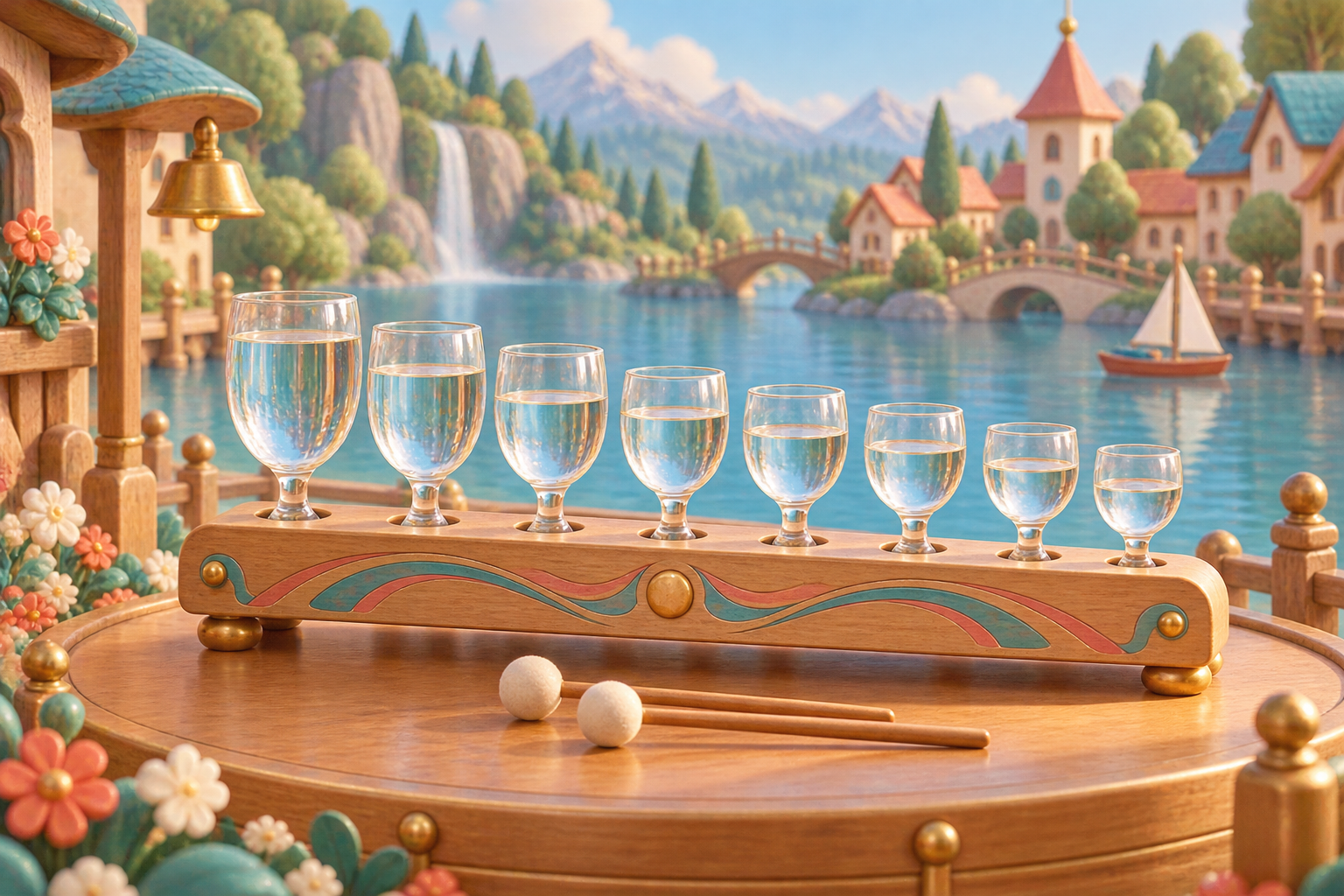 Illustration de Verres d'eau musicaux pour Melodiwi, direction artistique du village-boîte à musique.