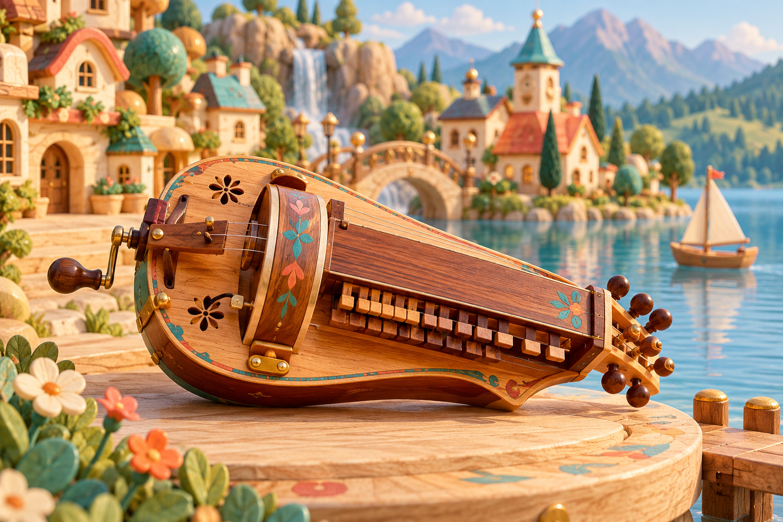 Illustration de Vielle à roue pour Melodiwi, direction artistique du village-boîte à musique.