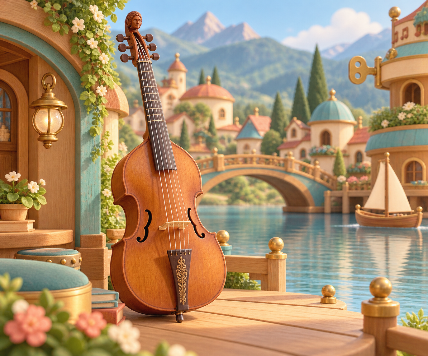 Illustration de Viole de gambe pour Melodiwi, direction artistique du village-boîte à musique.