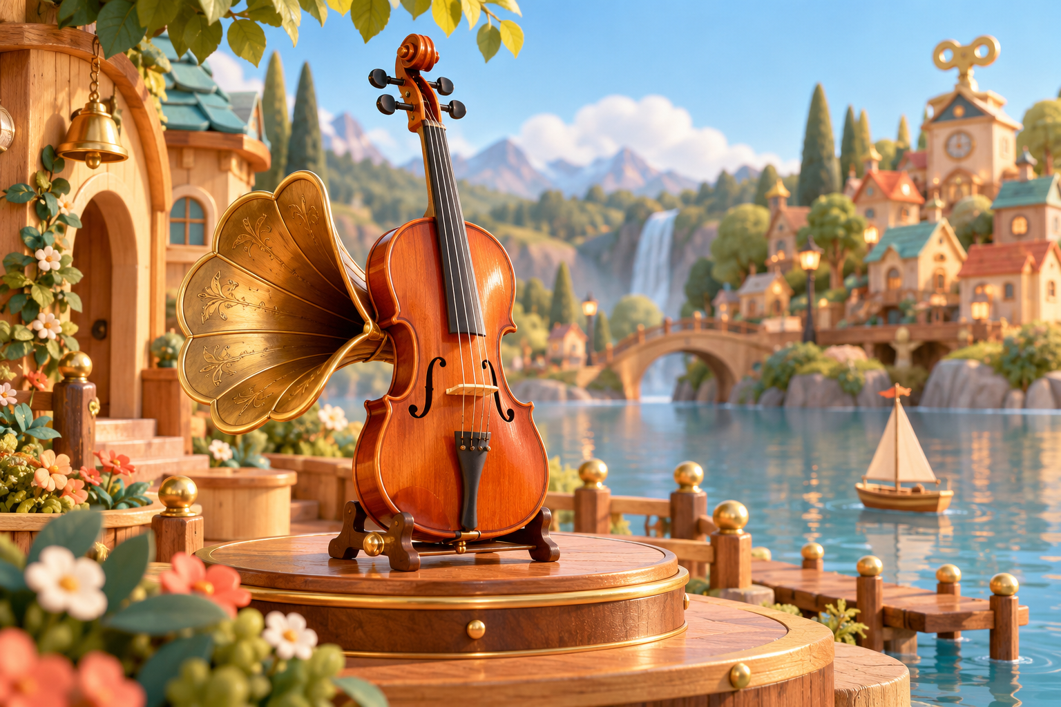 Illustration de Violon à pavillon pour Melodiwi, direction artistique du village-boîte à musique.