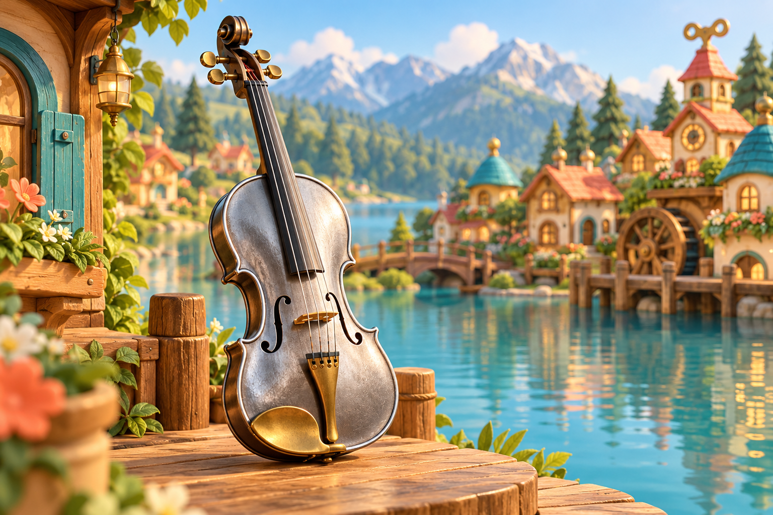 Illustration de Violon de fer pour Melodiwi, direction artistique du village-boîte à musique.