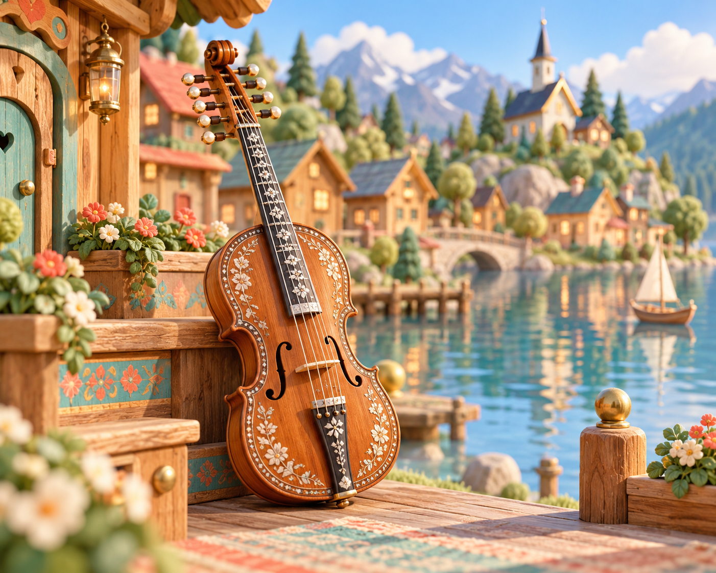 Illustration de Violon Hardanger pour Melodiwi, direction artistique du village-boîte à musique.