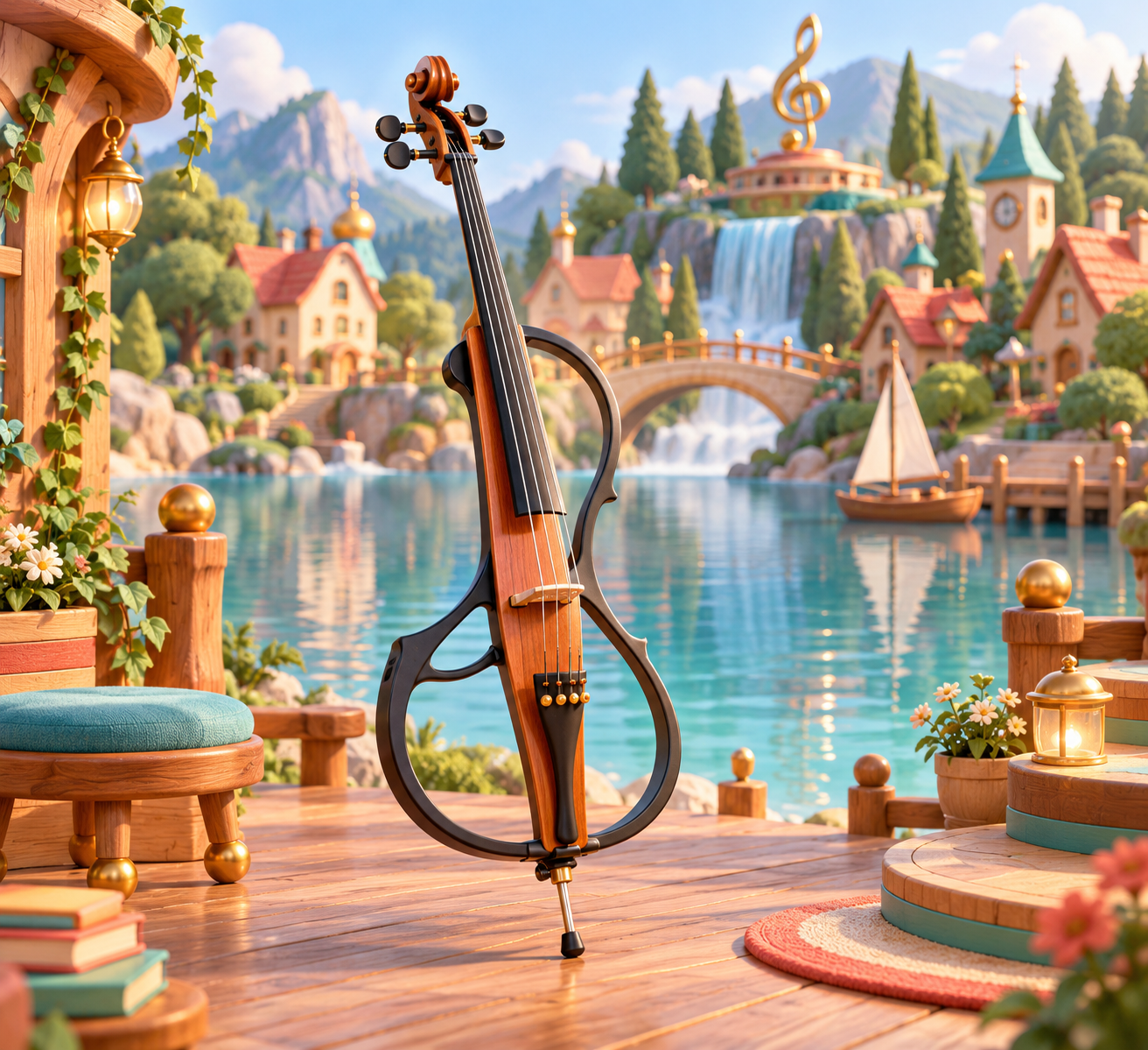 Illustration de Violoncelle électrique pour Melodiwi, direction artistique du village-boîte à musique.