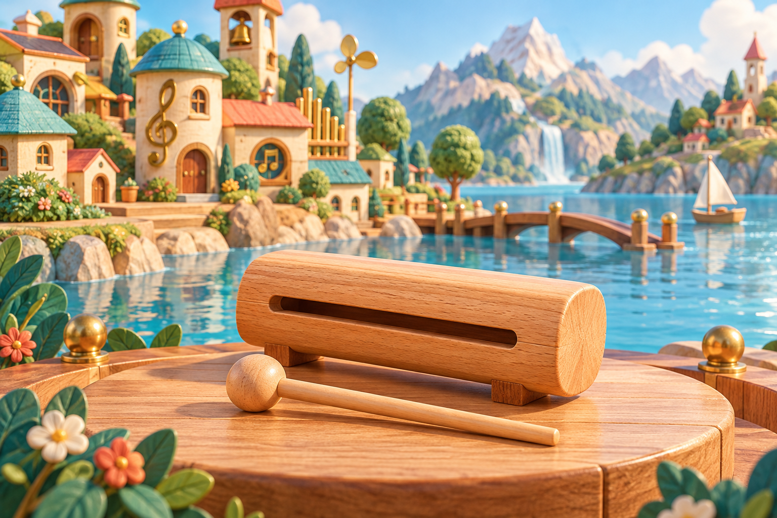 Illustration de Wood-block pour Melodiwi, direction artistique du village-boîte à musique.